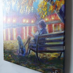 Original Acrylic Landscape Painting Lake Impressionist Woman Dog Wall Art Decor