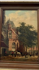 Dutch Oil On Board Painting Of A Town Scene 14”x10” Horses People