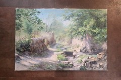 Vintage Artisan Oil Painting Of Wooded Forest Trail Scene 23 X 25.5 Inches