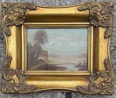 Smaller Antique Oil Painting 19th. Century: Lake House Motif From Denmark