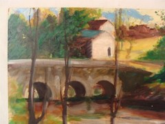 Antique John E Huszer O/B Bridge Landscape Painting