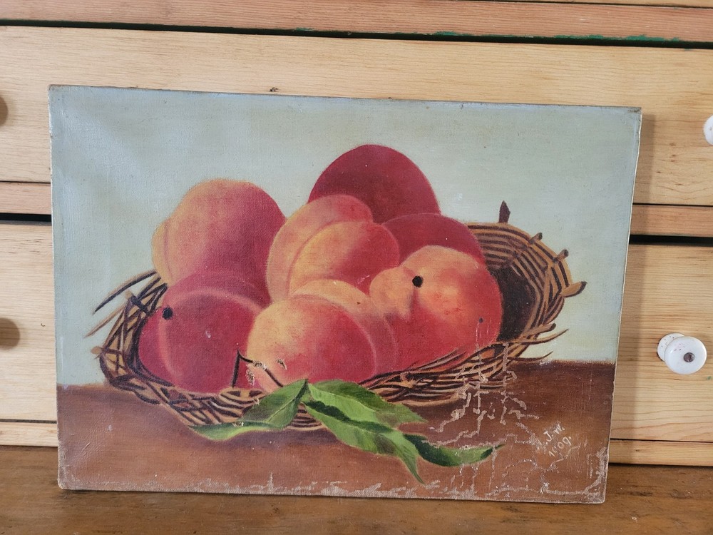 BEAUTIFUL~ Signed 1909 Peaches Fruit Still Life Oil Painting ON CANVAS