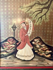 Rare Carlo of Hollywood Asian Man Atomic Watercolor Mid Century Art Hand Painted