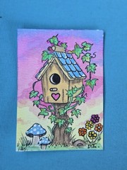 ACEO Original Bird House 2.5×3.5 OOAK Gouache Painting