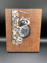 Vintage Raccoon In A Tree Hand Painting On Wood 10” x 8” Signed Julie