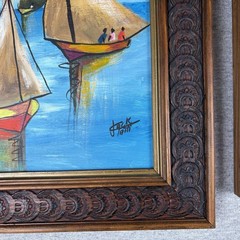 Pair Vtg Haitian MCM Sailboat Oil Paintings Signed Jack 8×10 Carved Wood Frames