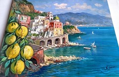 ATRANI PAINTING FRAMED BLUE SEA LEMONS by SOMMA ITALY WALL DECOR AMALFI COAST