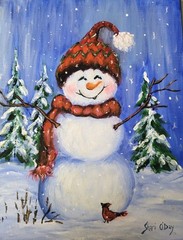 Original Snowman Acrylic 11 X 14 Cardinal Handpainted Signed Canvas Art