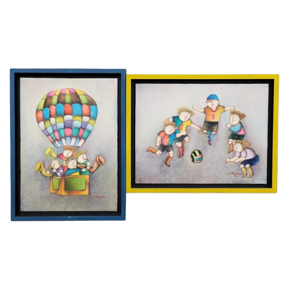 Lot Of 2 Joyce Roybal Artwork Orchestra In Hot-air Ballon & Kids Playing Soccer