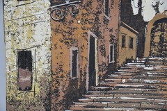 Vintage Original Art Painting Central European City Town Architecture Buildings