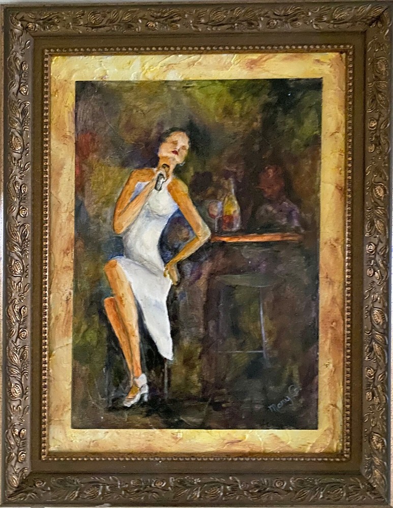 Singer bar Original Oil Painting on gessoed masonite fully framed by artist