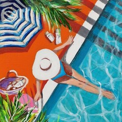 Girl Painting Tropical Palm Original Wall Art Poolside Swim Figurative Summer