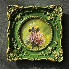 Miniature Bee Wall Art in Ornate Green Frame | Bumblebee Painting | Nature Lover