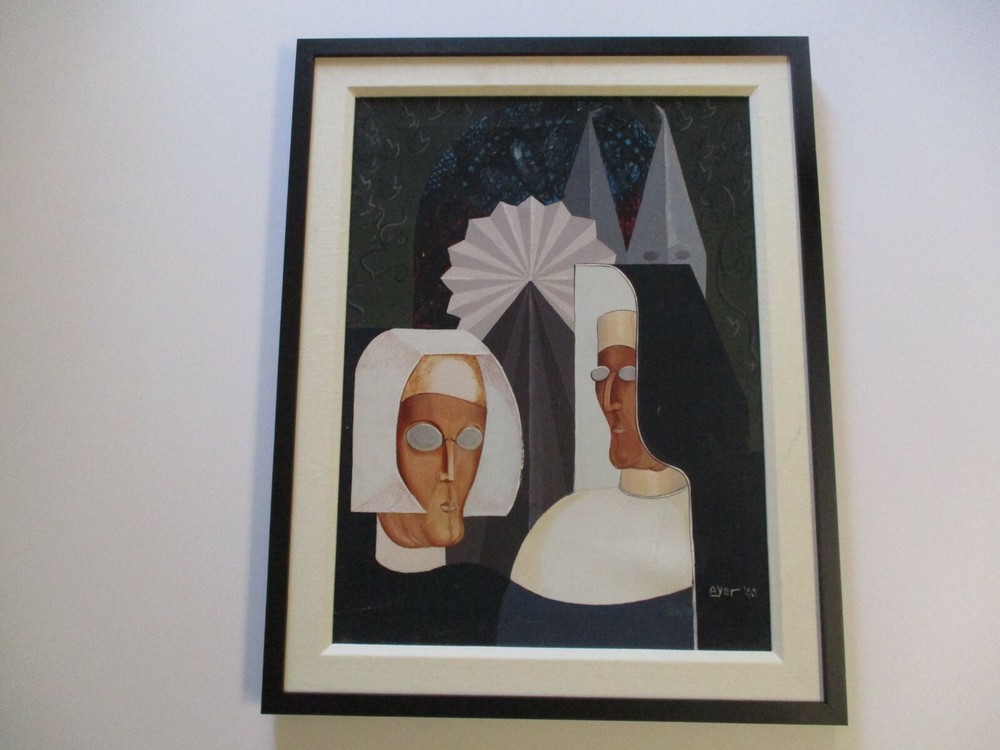 VINTAGE ANTIQUE PAINTING RICHARD AYER PORTRAIT NUN NUNS MODERNIST 1940 RARE