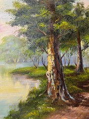 Large Edwards „River And Path Landscape Scene“ Oil Painting – Signed And Framed
