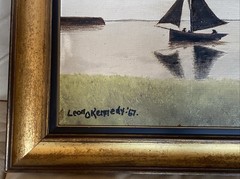 LEON O KENNEDY OIL ON BOARD RIVER SAILBOAT IRELAND OCEAN LANDSCAPE PAINTING 1967