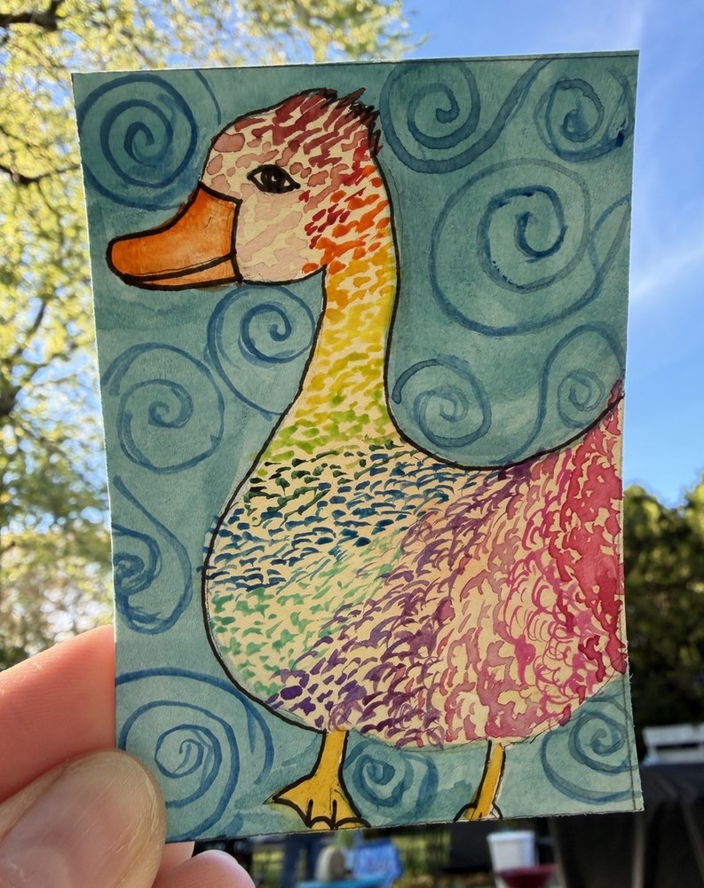 Original ACEO Watercolor Painting – Rainbow Duck Goose Whimsy Art Series Pride