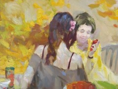 Oil painting Conversation Landscape Ukrainian painter Canvas original genre art