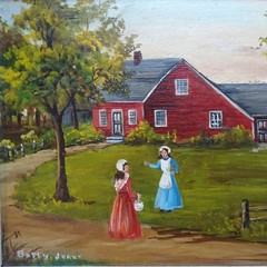 Vintage Miniature Folk Art Landscape Oil Painting Red Saltbox House Trees Signed