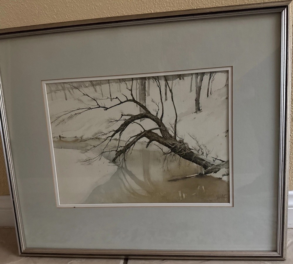 John Webster Signed Framed Winter Landscape Watercolor Painting 1989 Frame 18×22