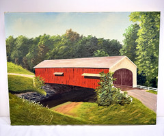 Vintage Covered Bridge Original Oil Painting on Canvas 24×18 Landscape Folk Art
