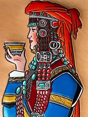 Handcrafted 3D Leather Art Of Mongolian Woman Walnut Frame Traditional Clothing