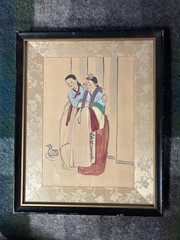 Traditional Korean Framed Painting On Silk : Bride And Attendant