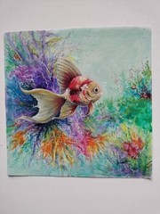 Original Abstract 9 x 9″ Study Colorful Fish Acrylic on PAPER Art