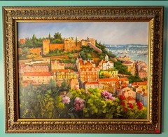 Annibal Lapes Signed Oil Painting Lisbon Cityscape 29×31 Gold Frame
