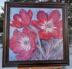 Floral Amaryllis Painting Acrylic/Oil on wood board from World Market with Frame