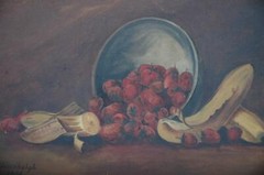 Antique 1906 Oil on Board Still Life With Bananas & Strawberries by C Greenhalgh