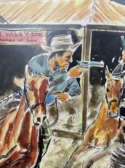 OLD WEST PAINTING COWBOY GUN FIGHT SALOON TOWN HORSE LISTED AMERICAN SLATTERY