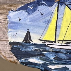 Original Hand Painted Driftwood Art Lighthouse Sailboat Seascape Signed Bianchi