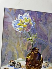 Grace Bracegirdle (1944 – 2023) „Quail Eggs And Carnations“ WC Painting – Framed