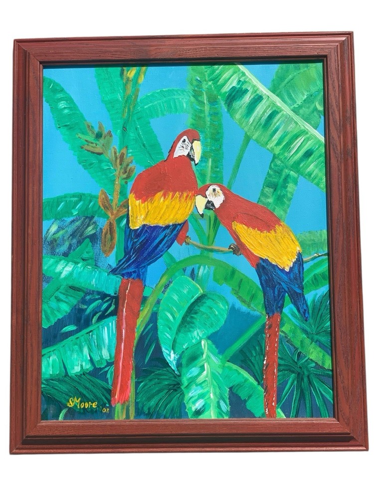 Macaws In Rainforest Painting Framed Signed Steve Moore 2008 23.5×19.5