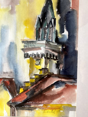 ::HANS LINDENTHAL *1938 CHURCH TOWER WATERCOLOR GALLERY SIGNED RARE GOTHIC DOM