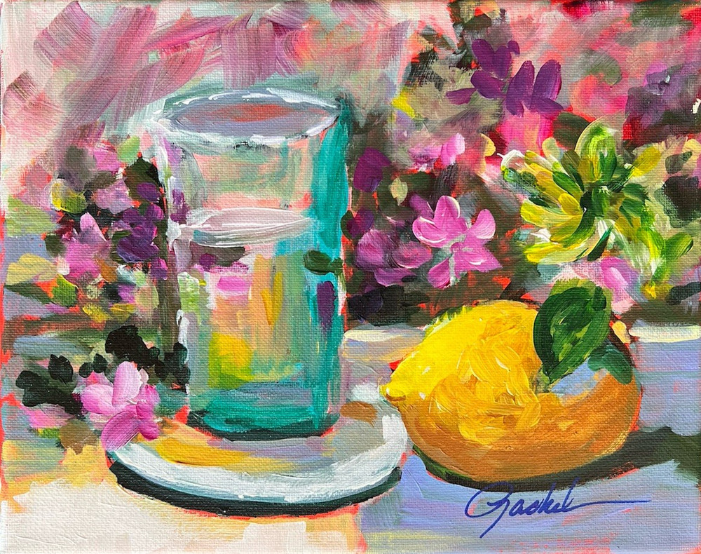 8 X 10 Acrylic Abstract Lemon Still Life On Stretched Canvas