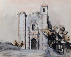C.1930s Wallace? Signed Mission San Jose in San Antonio TX Watercolor Painting