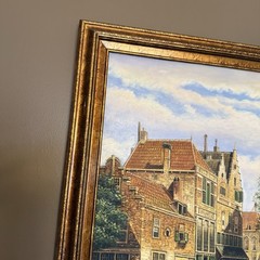 Antique Original Oil Painting: Bustling Dutch City Signed S. Hof ? Framed