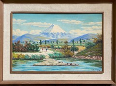 Oil painting sign. Moncalo Asian mountain landscape with lakeshore and people