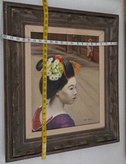 JAPANESE GEISHA GIRL OIL PAINTING ON CANVAS PERIOD FRAMED ARTIST HELEN SHARE