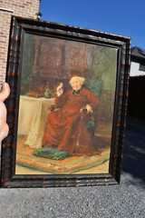 Antique Belgian oil cardboard painting cardinal Drinking shot liquor religious