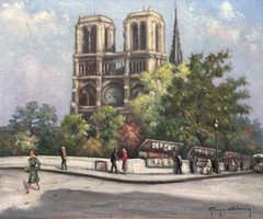 Antique Signed Castaing Oil Painting Animated View Notre Dame de Paris, Framed