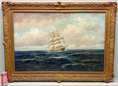 Antique Oil Canvas Maritime Painting Ship Nautical Boat Sea Signed Lower Right