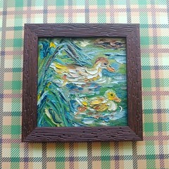Original Oil Painting Duck Duckling Art Miniature Framed Art 4×4 in