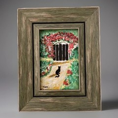 VTG Original Painting Black Cat In Garden Framed Small Art 9.5” X 7.75”