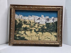 Vintage Framed Painting Pueblo Home Town Southwestern Desert