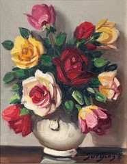 Vintage French Oil Painting, Bouquet of Flowers in a Vase, Roses, Signed