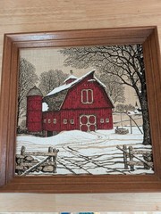 VINTAGE Art, By KAY DEE; Red Barn Wintery Painting On Linen / Wood Frame 16×16″