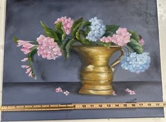Original Acrylic Painting on Canvas, Still Life Pink and Blue Hydrangeas
